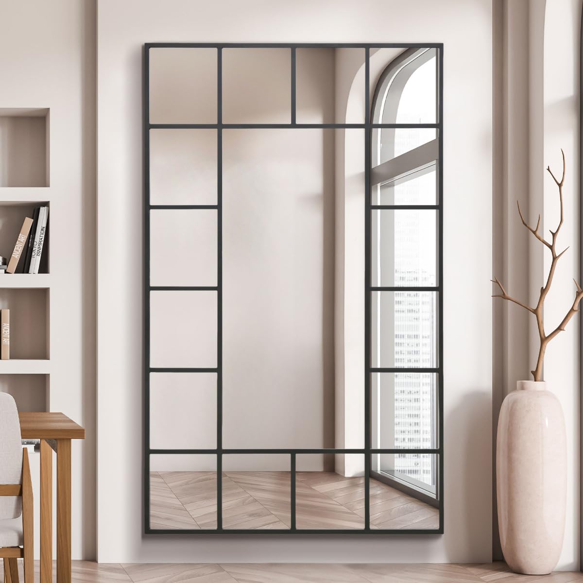 MirrorOutlet The Fenestra - Black Modern Modern Leaner and Wall Mirror 71" X 43" (180CM X 110CM) Silver Mirror Glass with Black Metal Frame. Landscape or Portrait.