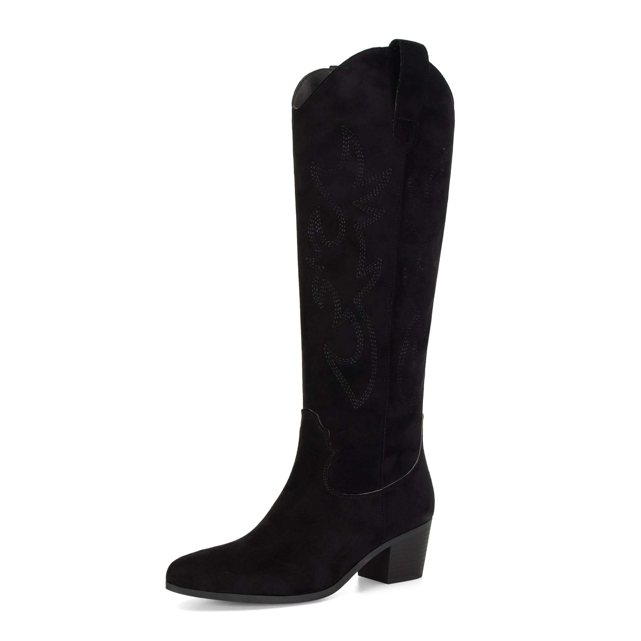 STALOV Cowboy Boots for Women Suede Knee High Embroidered Cowgirl Boots Western Pointed Toe Chunky Heel Tall Boot