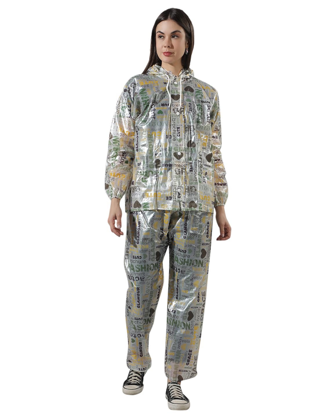 dollar Unisex Waterproof Printed PVC Raincoat Jacket & Pant Set | Zipper & Button Closure | Adjustable Hood & Pocket | Lightweight Full Body Rain Suit for Men & Women Outdoor Use-picture-23