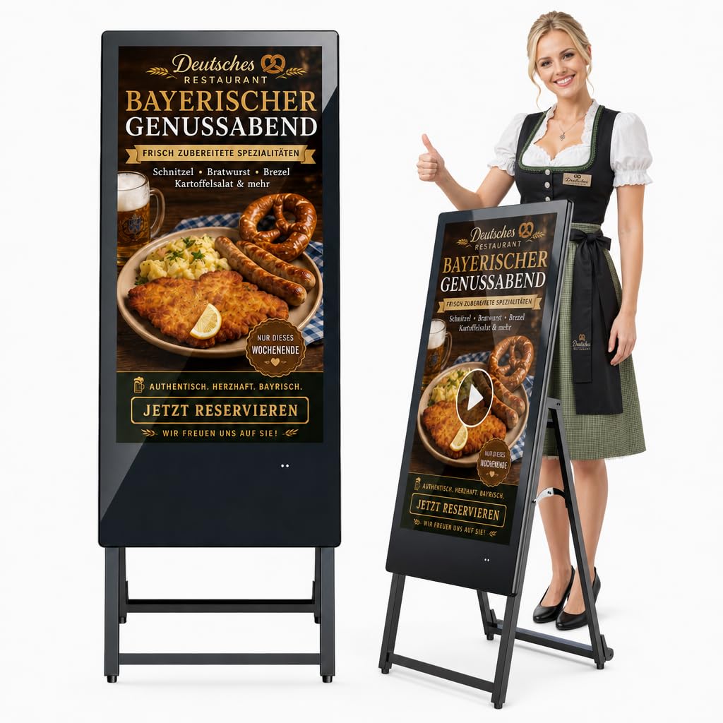 MWE 32 Zoll Innenbereich Digitaler Kundenstopper, LCD Werbedisplay Digital mit Rollen, Tragbarer Digital Signage, Geeignet für Einkaufszentren, Restaurants, Hotels, Produktpräsentationen