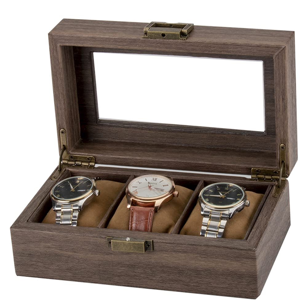 ACMHNC Uhrenbox mit 3 Fächern, Uhrenkasten aus PU Leder, Uhren Aufbewahrungsbox mit Transparent Glasdeckel und Abnehmbare Samt Kissen