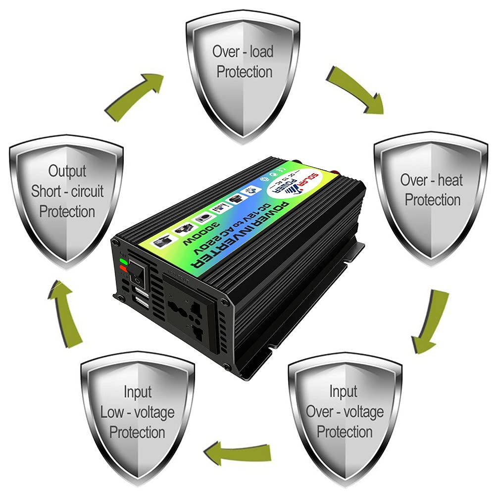 Inversor,Inversor Onda Pura Carga USB 3000W DC 12V TO AC 220V Cargo DE POTERA DE ALIMENTACIÓN Portal Cargador Cargador Adaptador DC 12 A CA 220 Onda sinusoidal modificada(Black 12V to 220V)