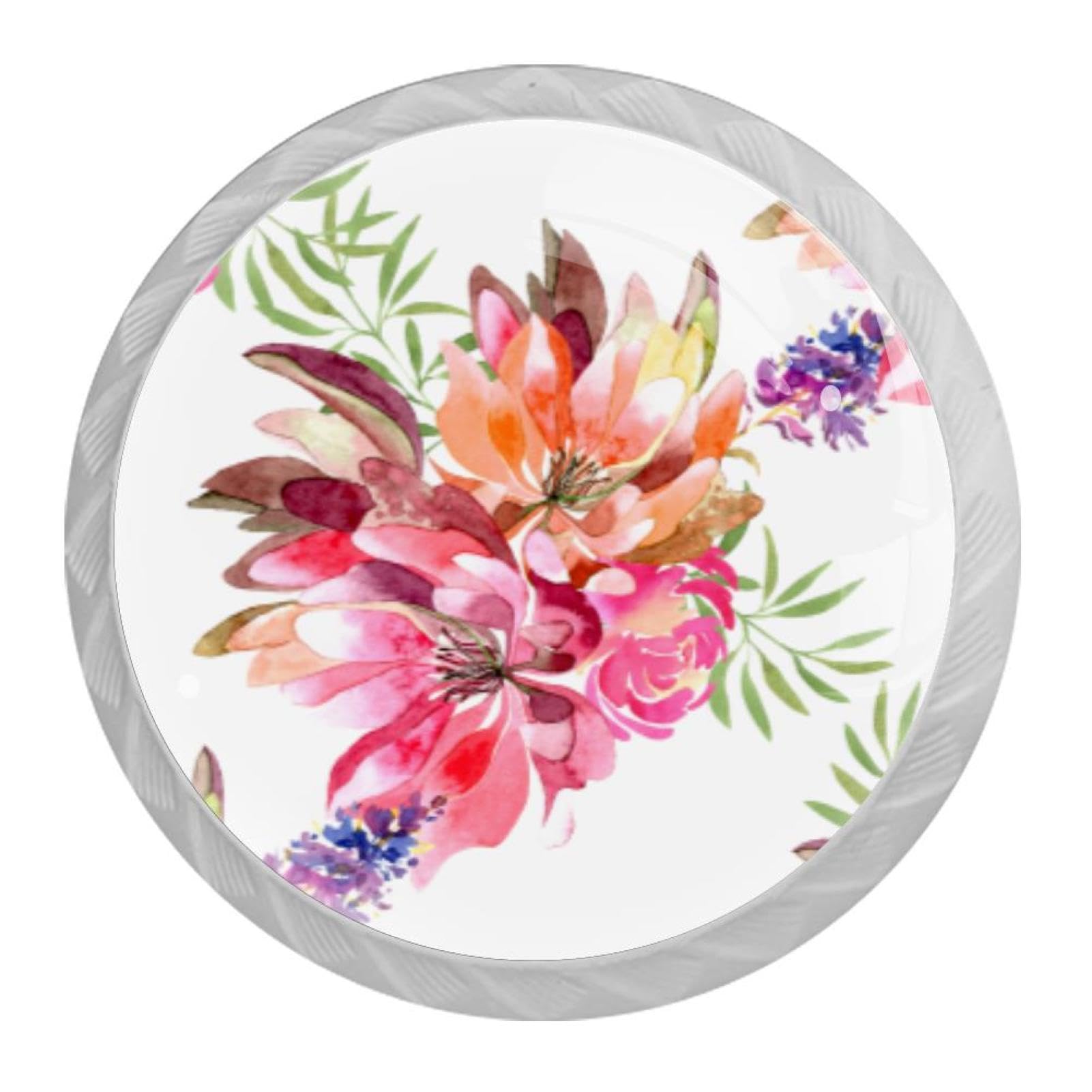 Tqmspg 4 Pieces Drawer Pulls Blossom Watercolor Flowers Door Knobs Dresser Handles for Kitchen Wardrobe Cupboard Hardware Furniture
