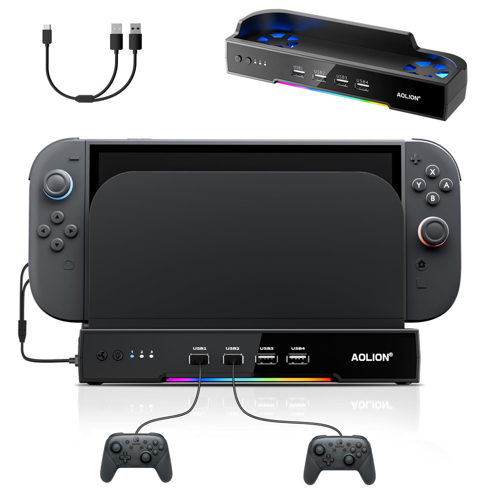 Cooling Fan for Switch 2, Cooling Fan Docking Station for Switch 2, Dual-Fan, RGB Lighting, 4 USB Expansion, Wall-Mountable Design – Efficient Heat Dissipation, Plug & Play, Adapter Compatible with Controller