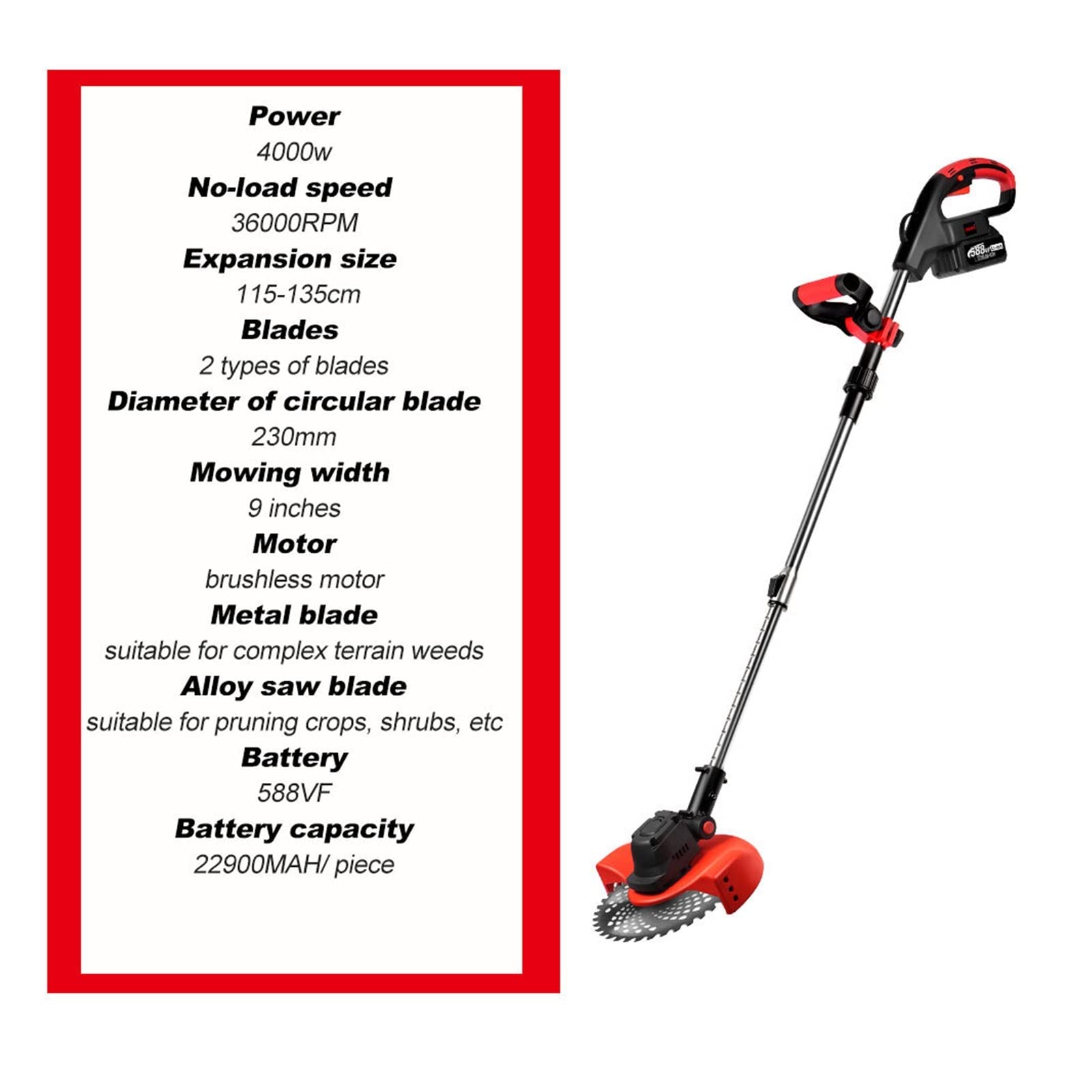 Taglia erba, Tosaerba elettrico senza spazzole da 4000 W 36000 RPM Tagliaerba pieghevole giardino fili(2 Battery Plug)