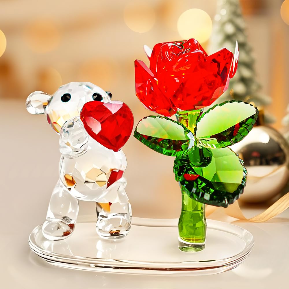 H&D Hyaline&Dora HYALINE & DORA Crystal Bear Heart& Red Rose Flower Crystal Animal Figurine Collectible Cut Glass Art Craft Ornament with Glass Base for Home Table Decor Xmas Women, Gift Boxed