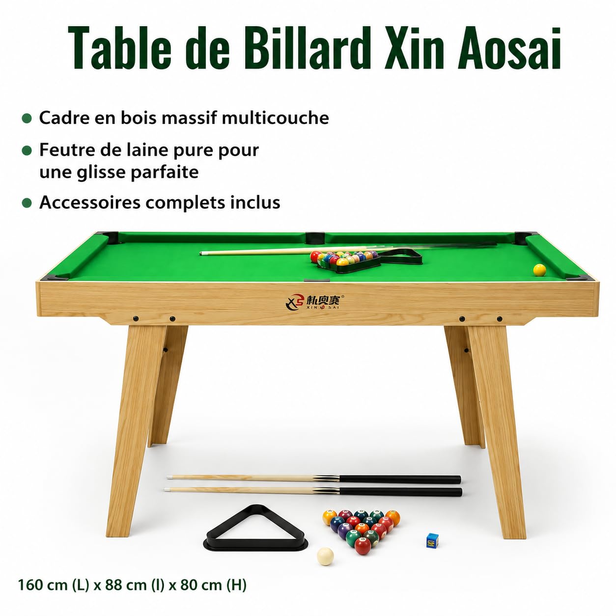 Billard Table 160cm en Bois, Mini Billard Américain pour Enfants & Adultes, Tapis Feutre Laine, Accessoires Inclus pour Jeu d'Intérieur