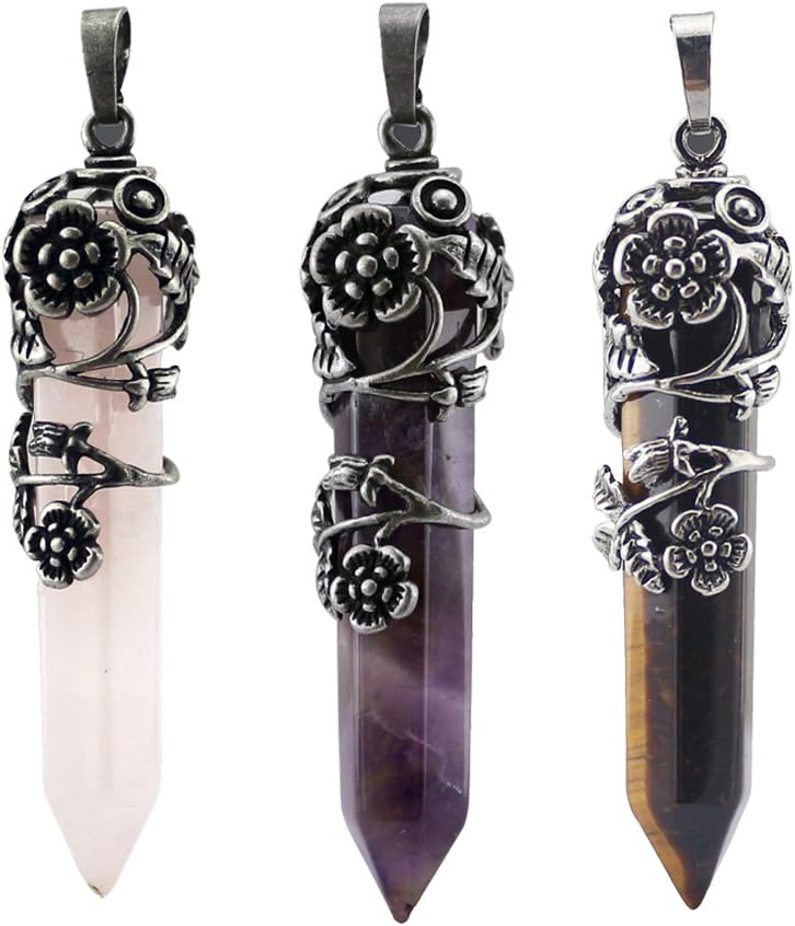 MIKINI Unisex Antique Silver Plum Flower Hexagon Healing Crystal Pendant Necklace, 24 Inch (3pcs (Amethyst, Rose Quartz, Tiger Eye Stone))