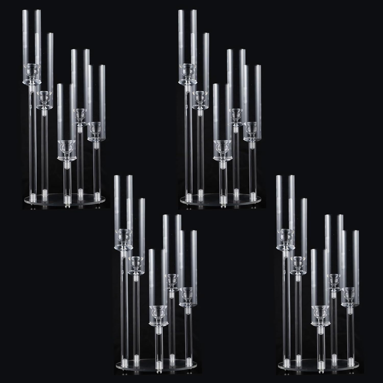 4PCS 5 Arm Acrylic Candelabra for Table Wedding Centerpiece,Crystal Clear Candle Stick Holders Candelabra Centerpiece Stands with Removable Lampshade for Party Easter Baby Shower Fit 0.8 LED Candle 22.6"Tall 4