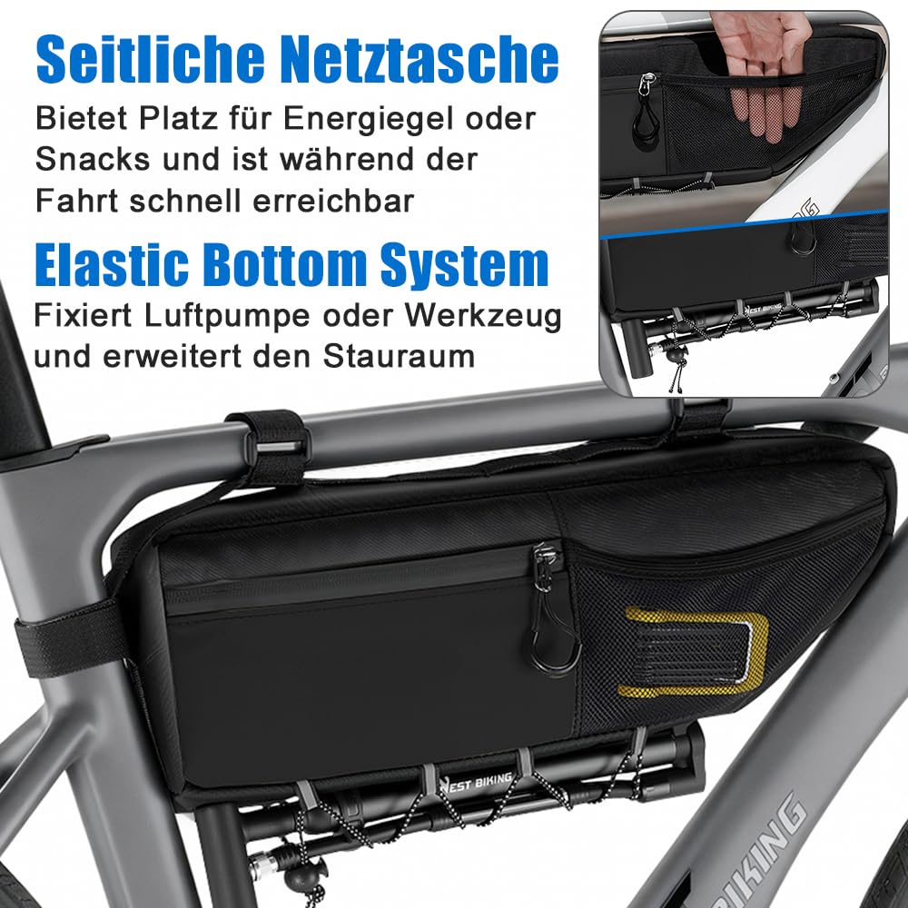Oberrohr Fahrradtasche - 2,6L Rahmen Fahrradtasche mit Wasserdichtem Reißverschluss, Top Tube Bike Bag, Robuste Fahrradzubehörtasche für MTB Rennrad Gravelbike (Ganz Schwarz)
