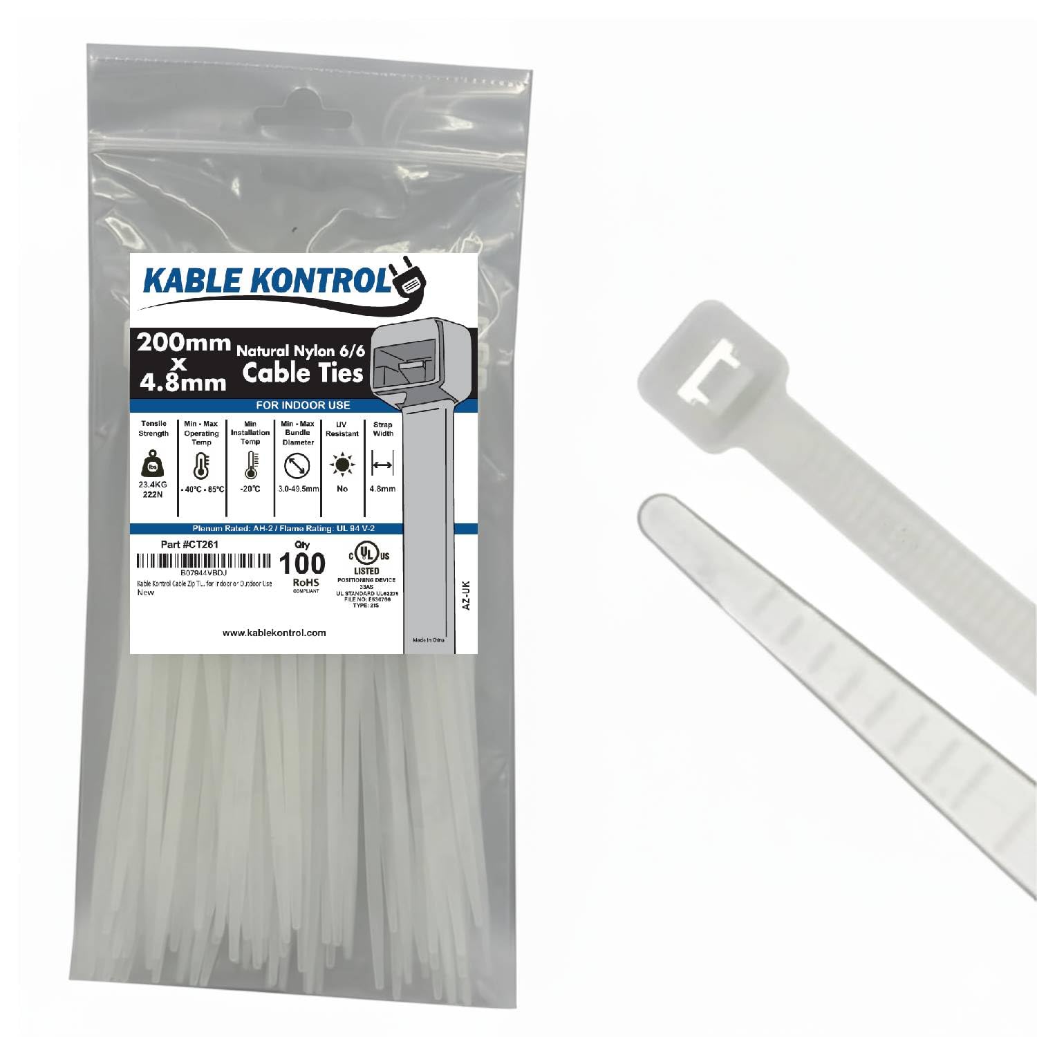 Kable Kontrol Cable Zip Ties Natural White 100 Pcs 8 Inch 50 Lbs Tensile Strength Selflocking Natural Nylon Clear Plastic Wir 618559072616