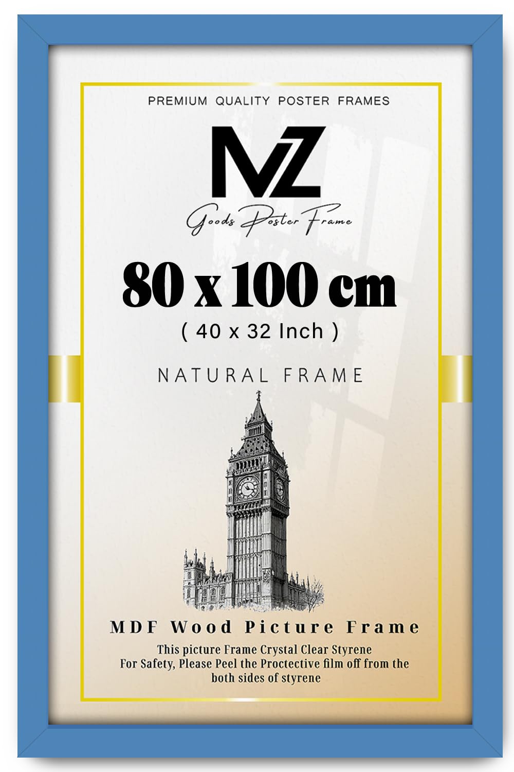 MZ GOODS | MDF Picture Frame (80 x 100 CM) 40" x 32" for Wall Gallery & Art Display, MDF Wood, Comes with Secure Hanging Hooks [ Blue ]