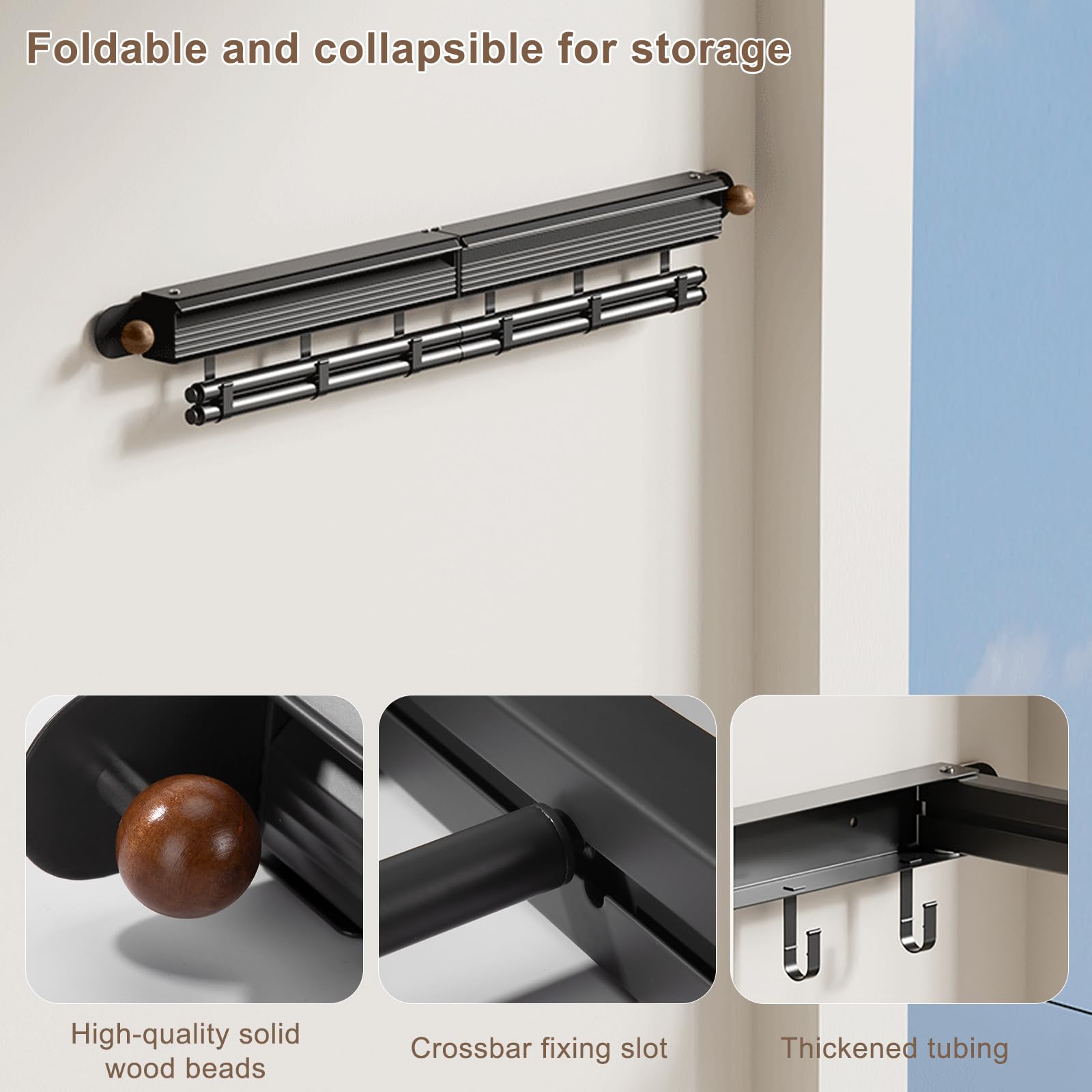 Tendedero Pared Plegable con Barras y 6 Ganchos Compacto Ahorro de Espacio,Compacto Ahorro De Espacio Instalación Dual (Pegamento o Taladro), 70cm para Interior/Exterior Negro Grisáceo
