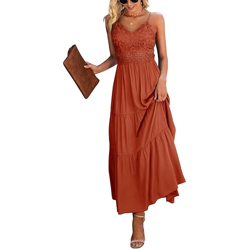 Dokuritu Women's Beach Crochet Lace Maxi Dress Solid Color Summer Vacation Spaghetti Strap Long Dress 2024