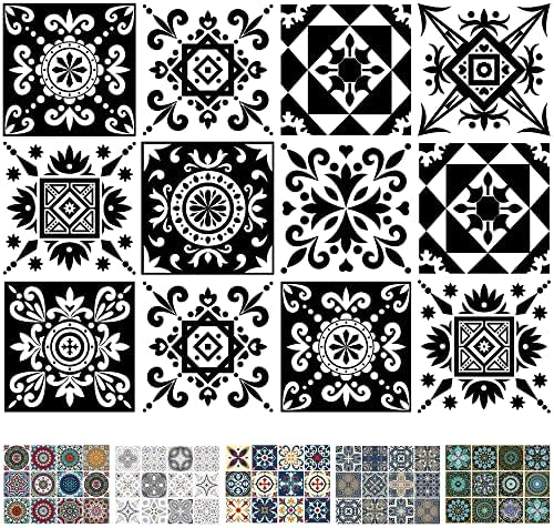 AINNO Decorative Tile Sticker, Removeable Waterproof Vinyl Self Adhesive Wall Tile Decals，12 Pcs 6x6 inch Peel and Stick Backsplash for Kitchen Bathroom Home Decor Black White