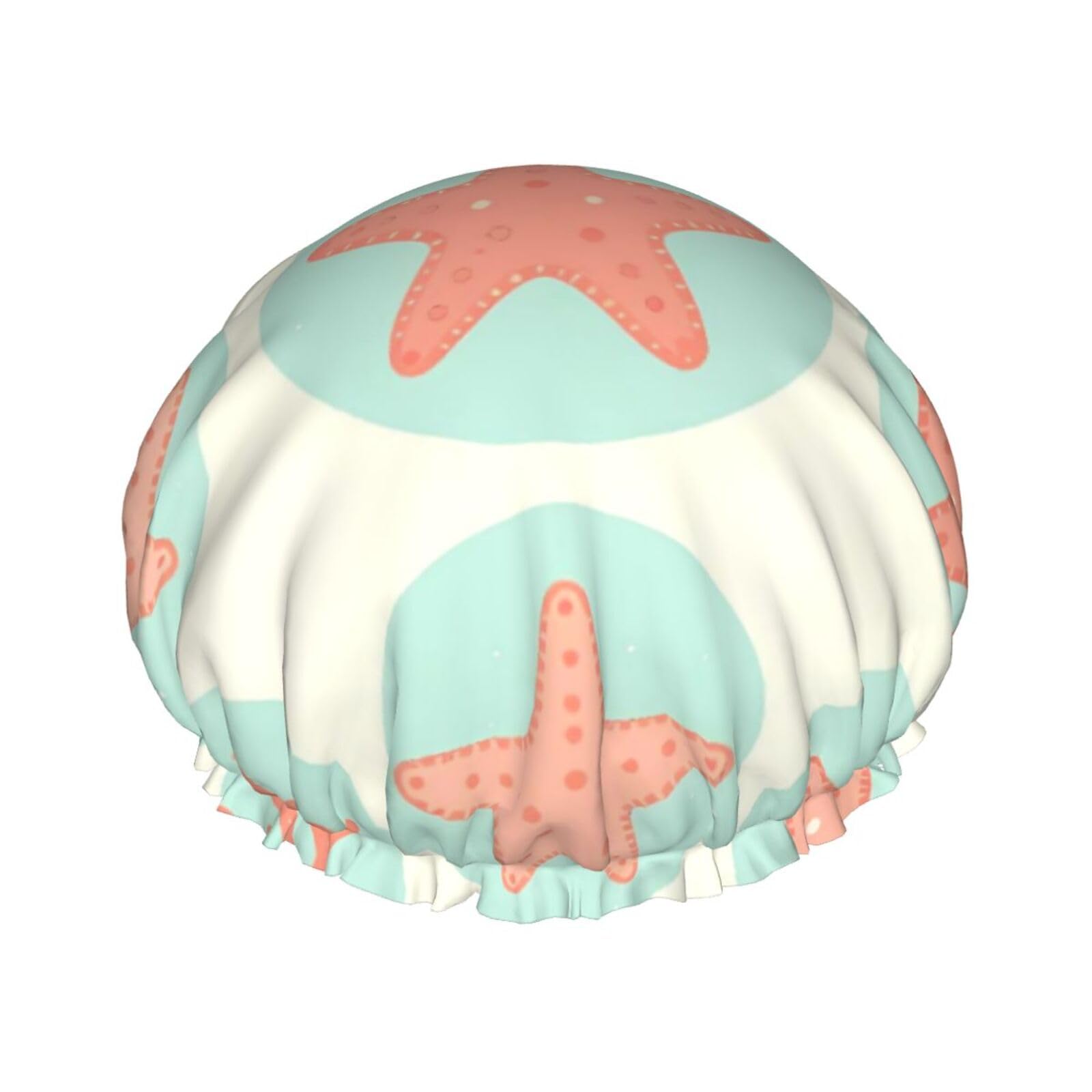 Nine Pink Starfish And Coral On Teal Circles Double Layer Waterproof Shower Cap Elastic Band Universal Fit Lightweight For Bath Face Care Cooking Hair Protection Men Women
