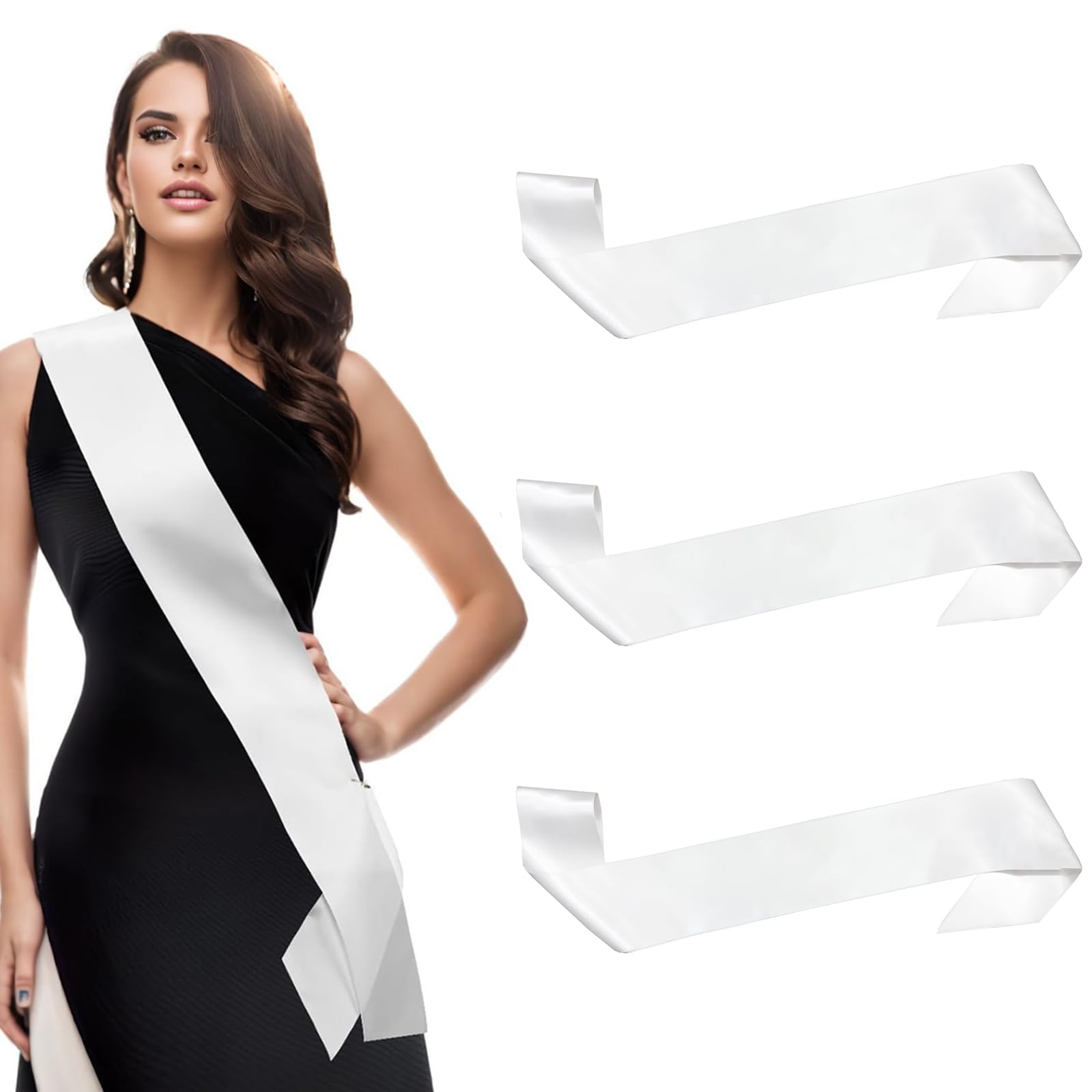 HK-Moii White Sash 3Pcs Blank Satin Sashes for Pageants Plain Graduation Sash Party Accessory for Wedding Birthday Sash for Women DIY Supplies