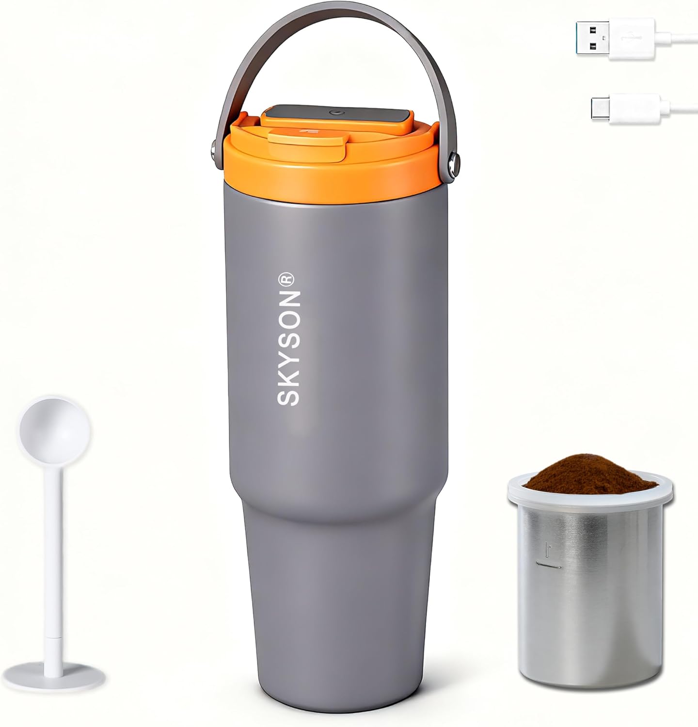 minkah Fast Extraction Mini Electric Coffee Maker – Portable Filter Coffee Brewer for Travel,Insulated Stainless Steel Tumbler,30 oz Reusable Iced Coffee Cup Machine,Hot Coffee Mug with Lid (Grey)