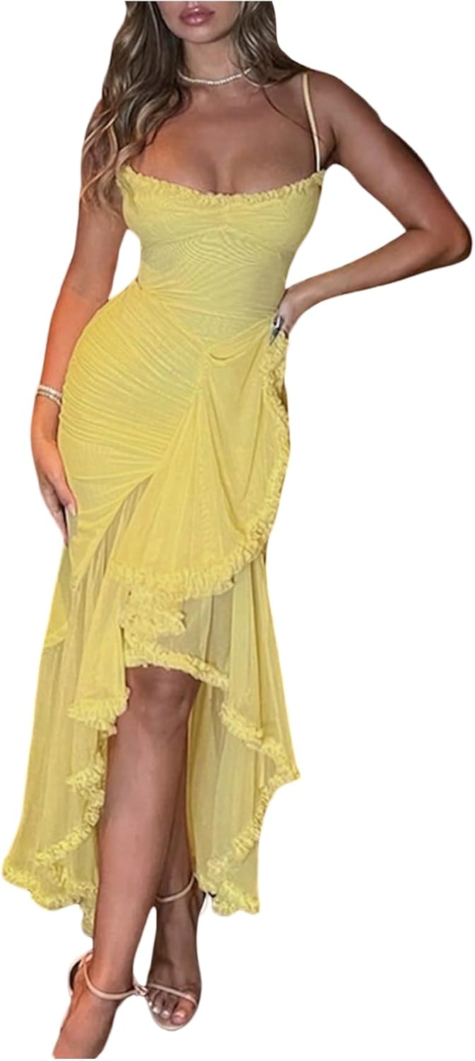 MakeMeChic Women's Mesh Ruched Cami Dress Backless Ruffle High Low Bodycon Swing Party Dresses