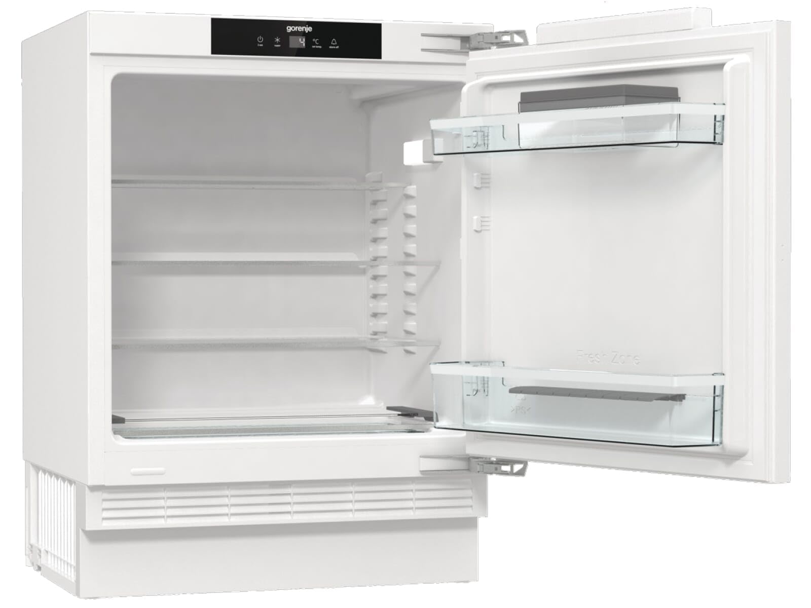 Gorenje RIU609EA1 lodówka stołowa do zabudowy/88 nisz/zawias drzwiowy stały/EEK E/138 litrów/SuperCool/cyfrowy wskaźnik temperatury/oświetlenie LED/wymienne zawiasy drzwiowe/wys. x szer. x gł.: 81,8 x