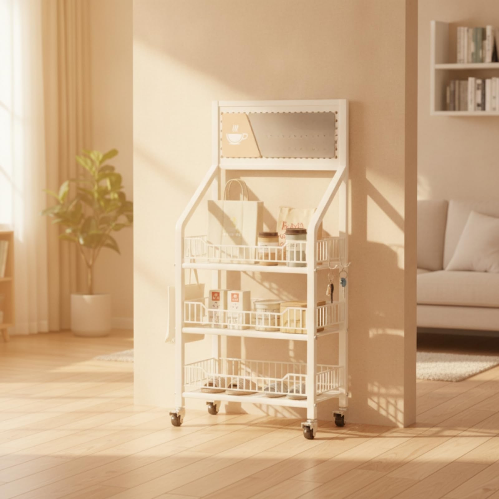 Étagère sur Roulettes avec Crochets Métallique Étagère Rangement avec Roulettes Mobile Meuble pour Cuisine, Bureau, Entrée, Noir, Trois Niveaux 50cm