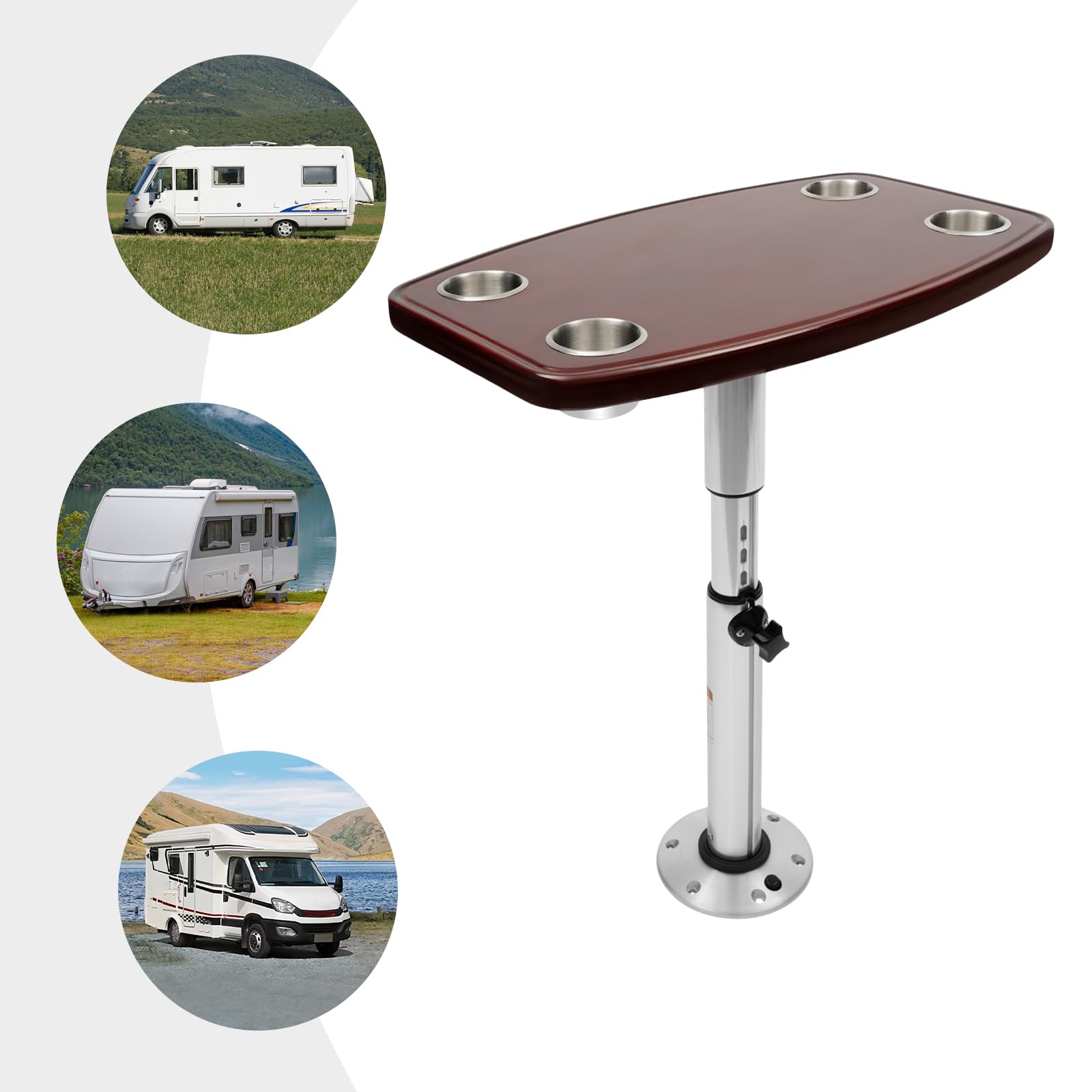 Mesa de barco con 4 soportes para bebidas, de roble, para barco, caravanas, cubiertas de yates, altura ajustable, 600 x 380 mm