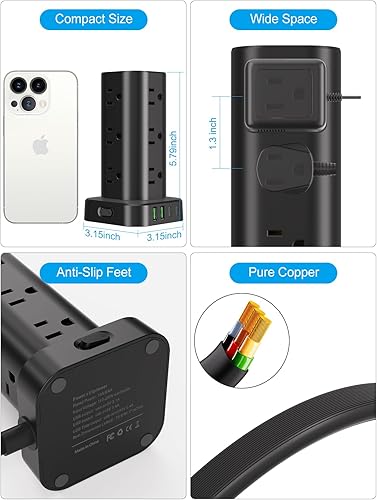 Miniatura 7 de Torre de regleta con múltiples tomas, cable de extensión de torre con protector de sobretensiones de enchufe plano con 12 salidas de CA, 4 puertos