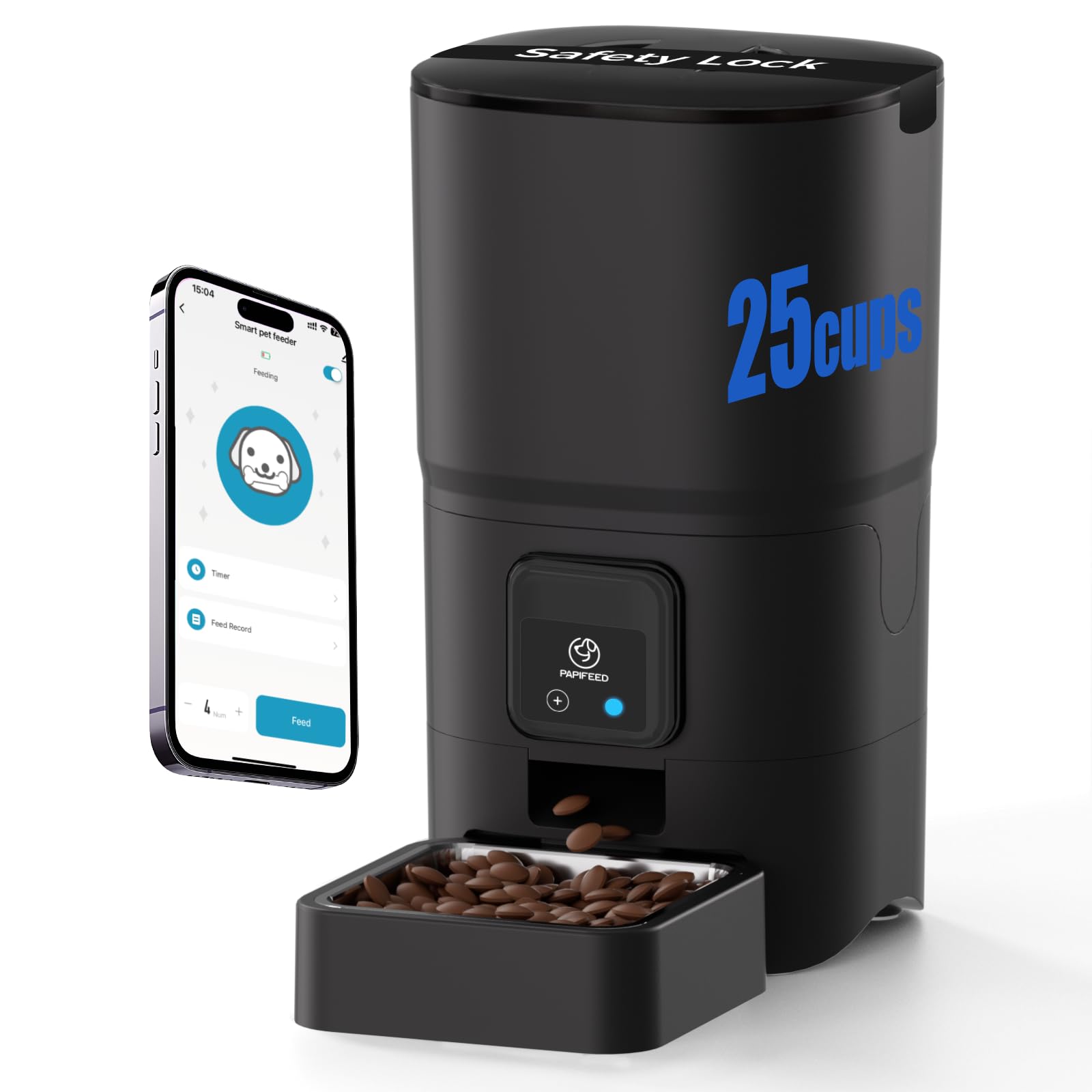 PAPIFEED 2.4G WiFi Automatic Cat Feeder, 6L/25Cup Automatic Pet Feeder with APP Control for Remote Feeding, Detachable for Easy Clean, Cat Food Dispenser with Alexa,1-10 Meals Per Day for Dog, Black