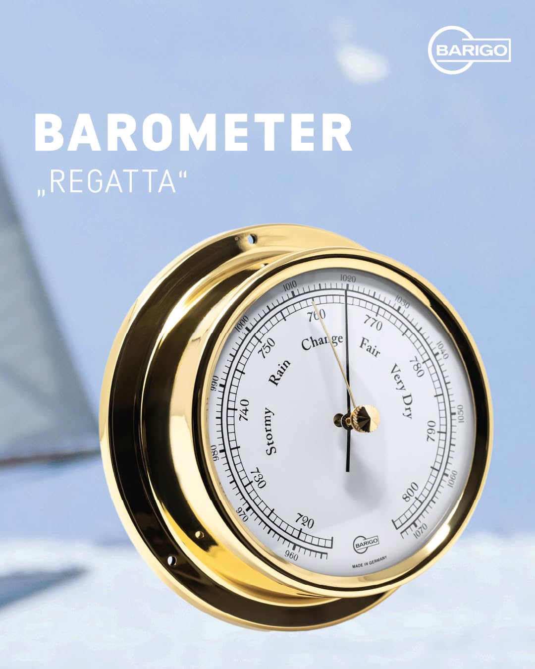 BARIGO 184MS Regata barometr – 125 x 40 mm – ciśnieniomierz z obudową z mosiądzu polerowanego – Made in Germany