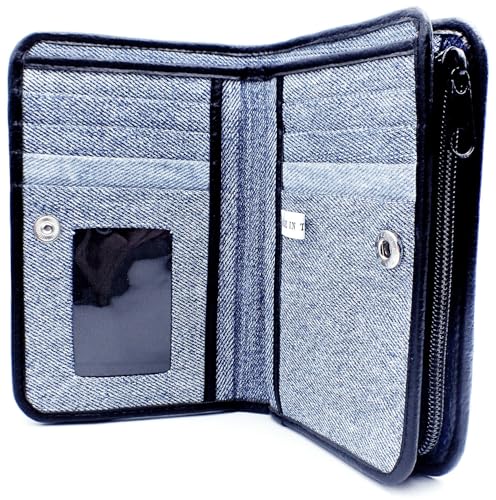 Upcycling Blue Denim Bifold Money Zip Coin Card Holder Organizer Compact Wallet for Women2