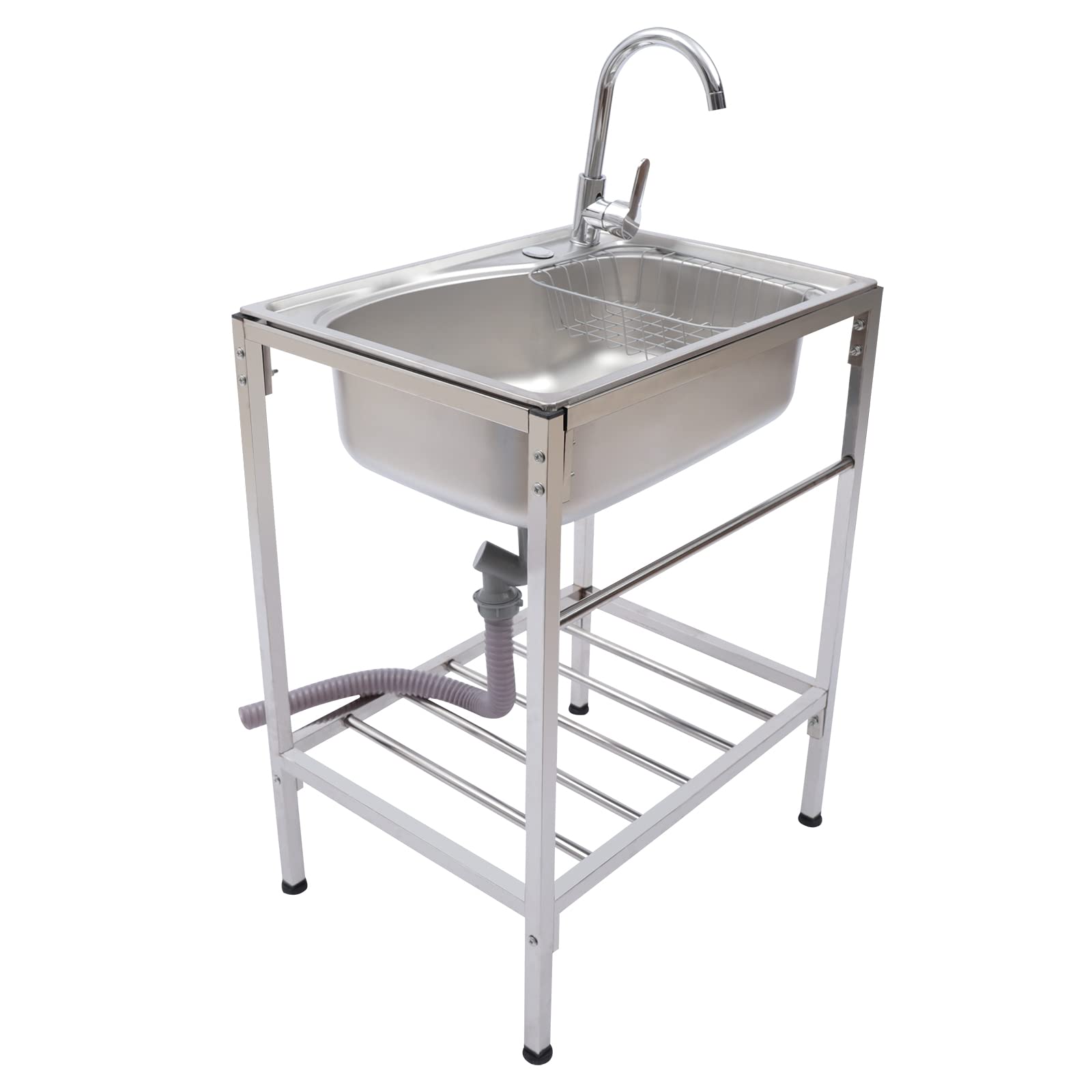 Fregadero independiente con soporte de pedal, capacidad de peso de 60 kg, 60 x 45 cm, fregadero de cocina de acero inoxidable 304, grifo de agua caliente y fría giratorio 360°, completo con lavabo y