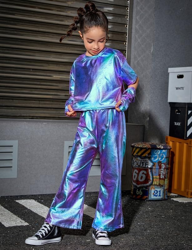 Perfashion Girls' Shiny Metallic Flared Pants Festival Dance Pants Disco with Sunglasses Wide Leg Trousers 6-15 Years4