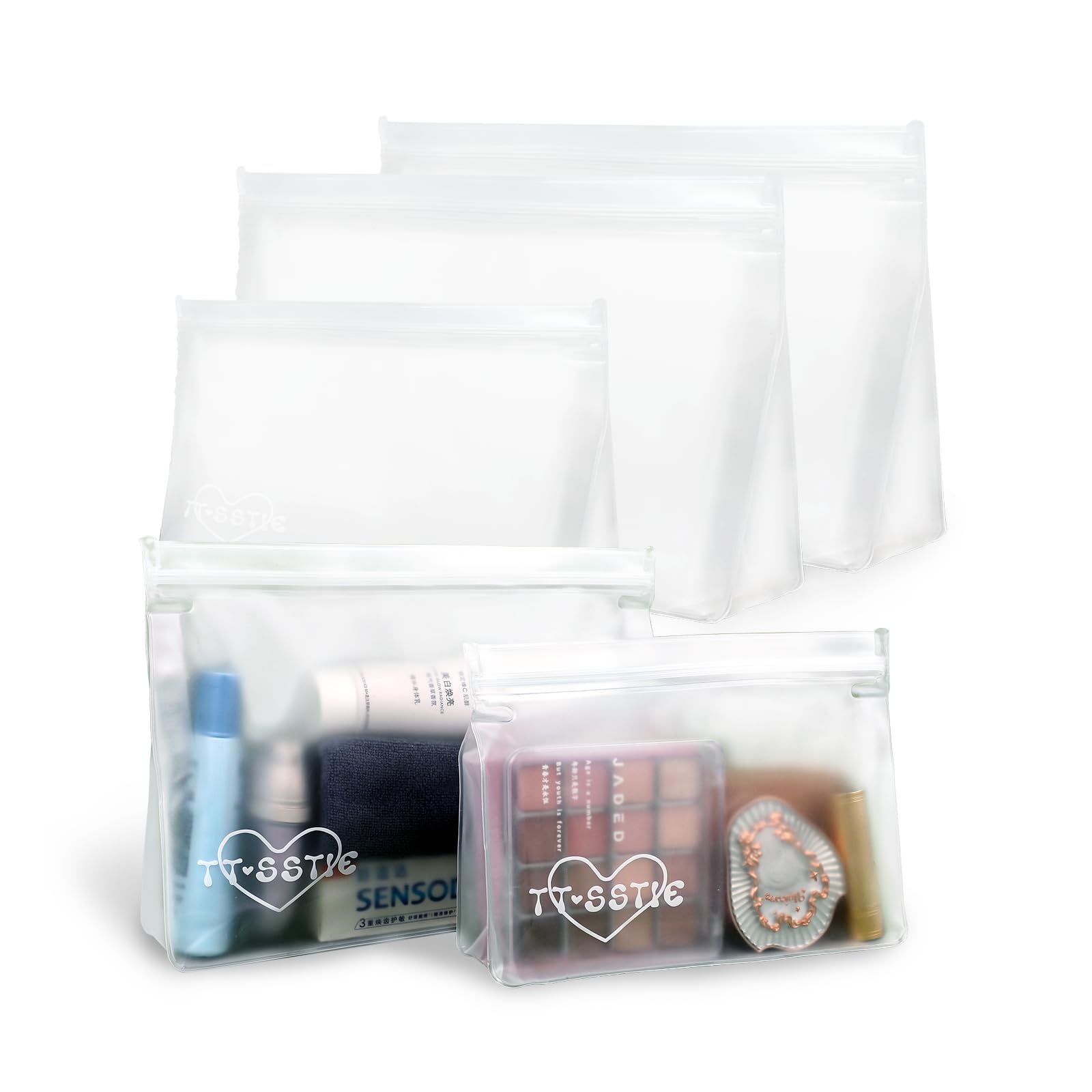 Bolsas de aseo transparentes, paquete de 5 bolsas de material PEVA a prueba de fugas, bolsas de cosméticos de maquillaje aprobadas para seguridad de viaje para mujeres y hombres (3 x 9.8
