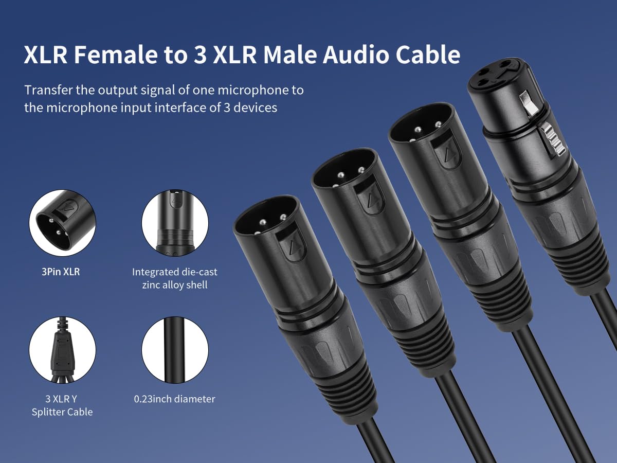 Cable divisor XLR, 2 pies, divisor XLR 1 hembra a 3 macho, audio profesional, divisor de micrófono equilibrado para estudio de grabación, podcasting de sonido en vivo, 0,6 m