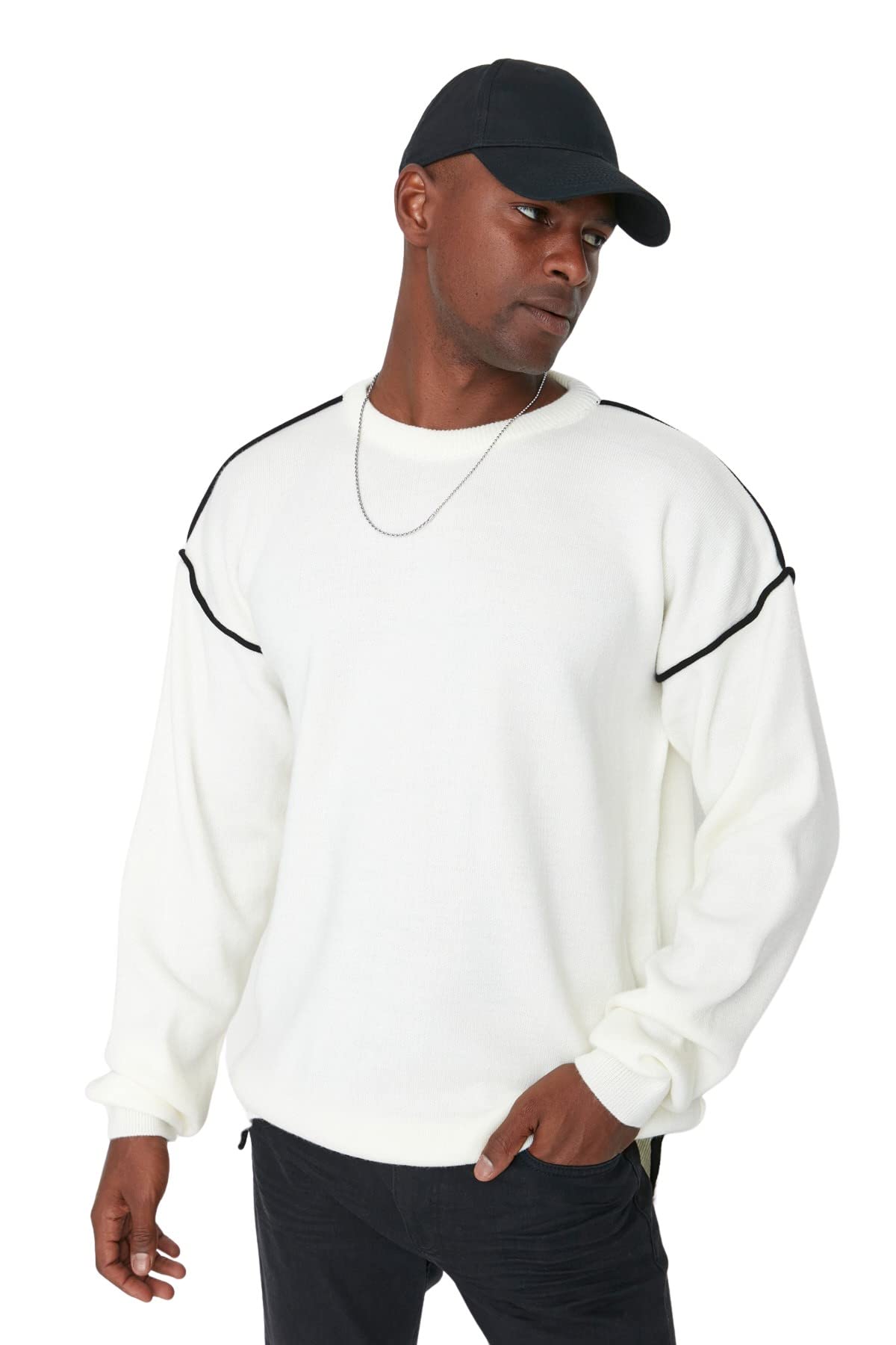 Trendyol Man Oversize Basic Crew Neck Knitwear Sweater Ecru