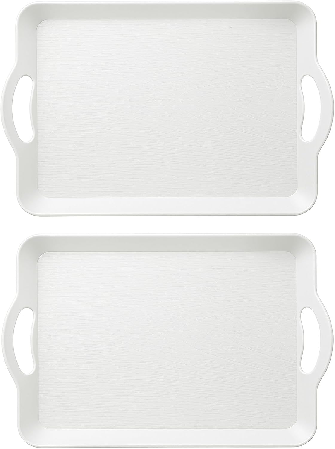 White Serving Trays with Handles, 17 x 12 inch Rectangular Plastic Tray for Restaurant, Parties, Coffee Table, Kitchen, Ottoman Non-Skid Multi-Purpose Melamine Serving Platter, Set of 2
