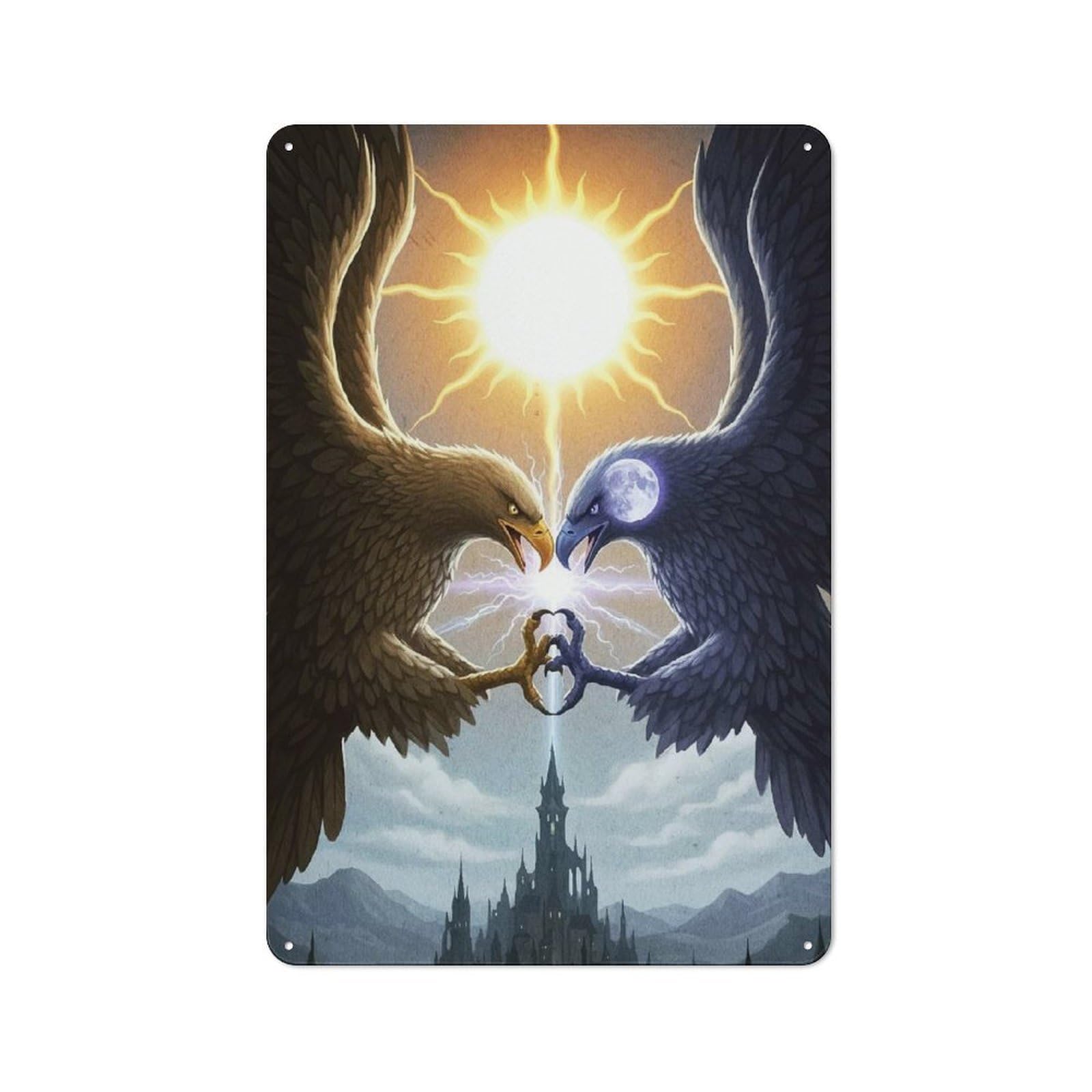 Junmoney Eagles Sun Moon And Castle Vintage Metal Plaque 30X20cm For Living Room Or Hallway, A Christmas Gift For People Styling Living Room And Hallway