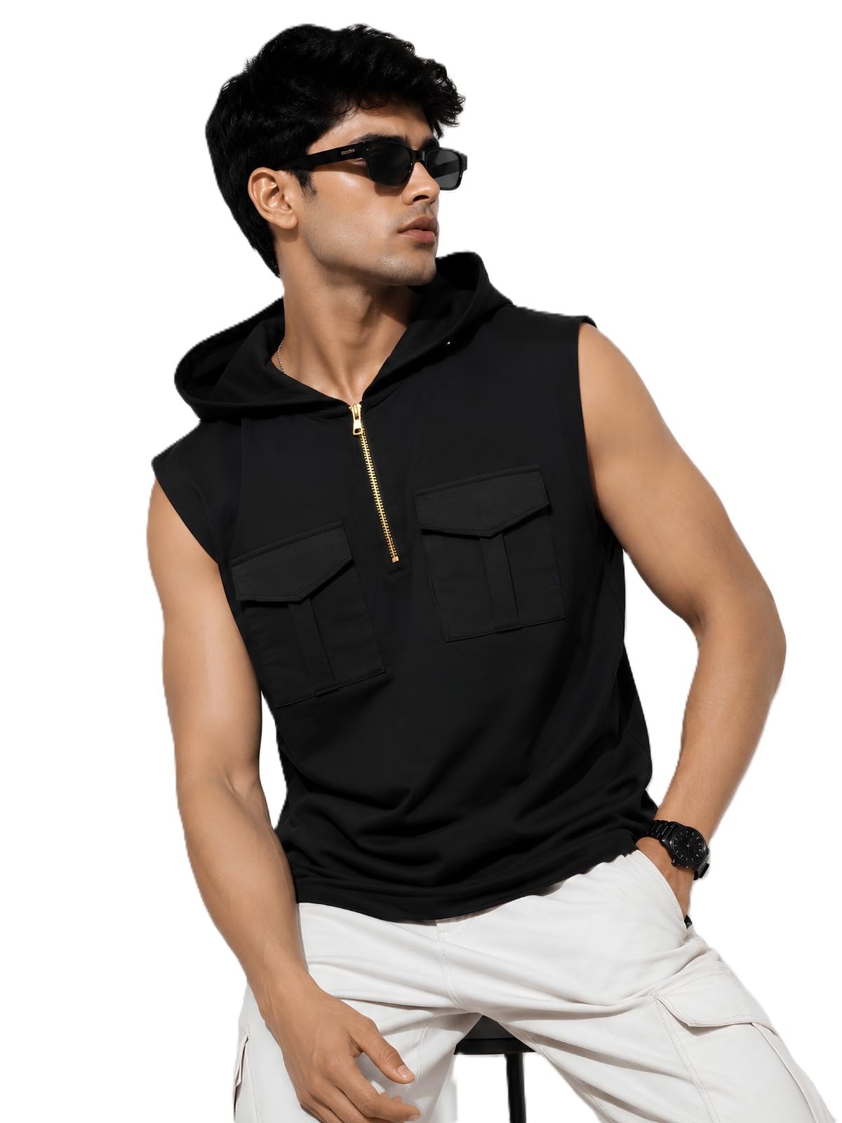 Men Solid Sleeveless Hooded Cotton Casual Regular Fit Vest With Pocket-picture-50