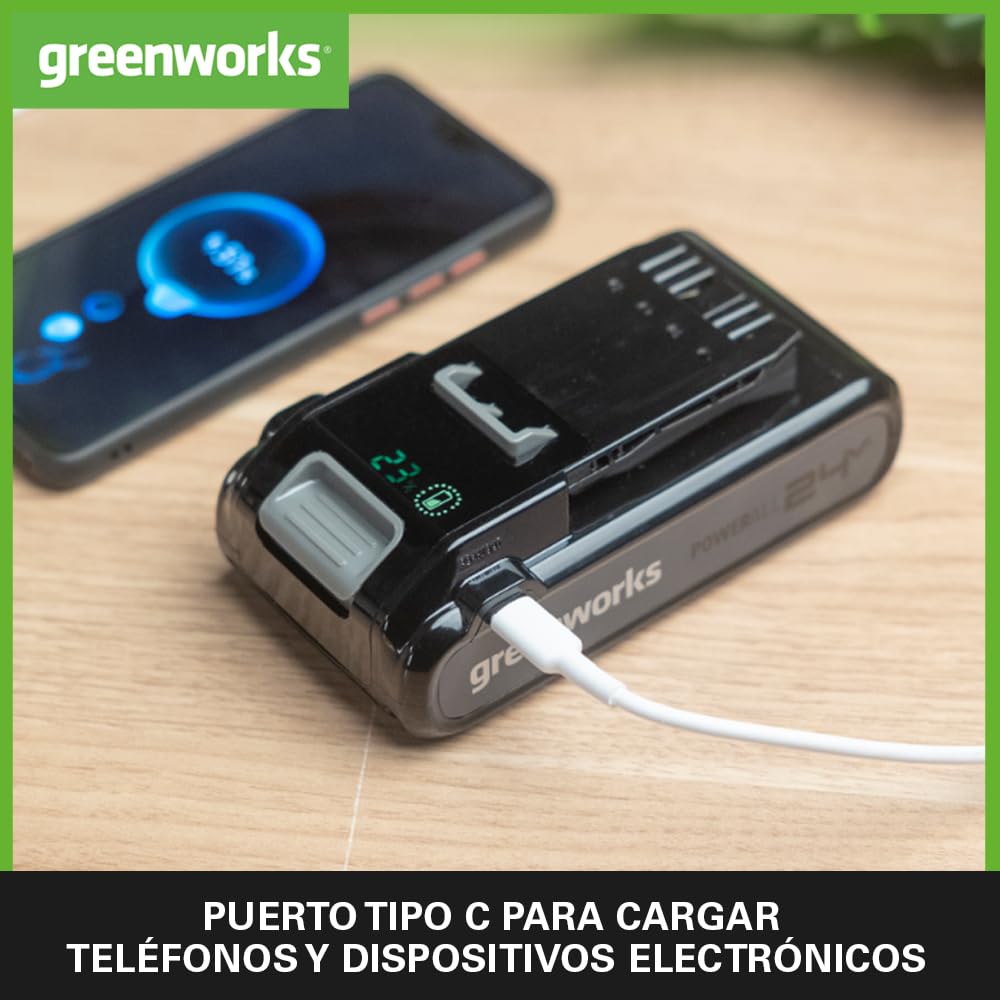 Greenworks Batería de 24 V y banco de energía tipo C. Batería original para todas las herramientas inalámbricas de jardín y eléctricas de 24 V. Potente batería de iones de litio, carga rápida