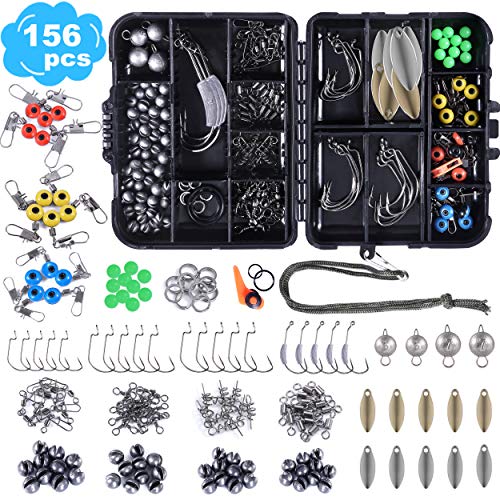 PLUSINNO 156pcs Fishing Accessories Kit, Including Jig Hooks, Bullet Bass Casting Sinker Weights