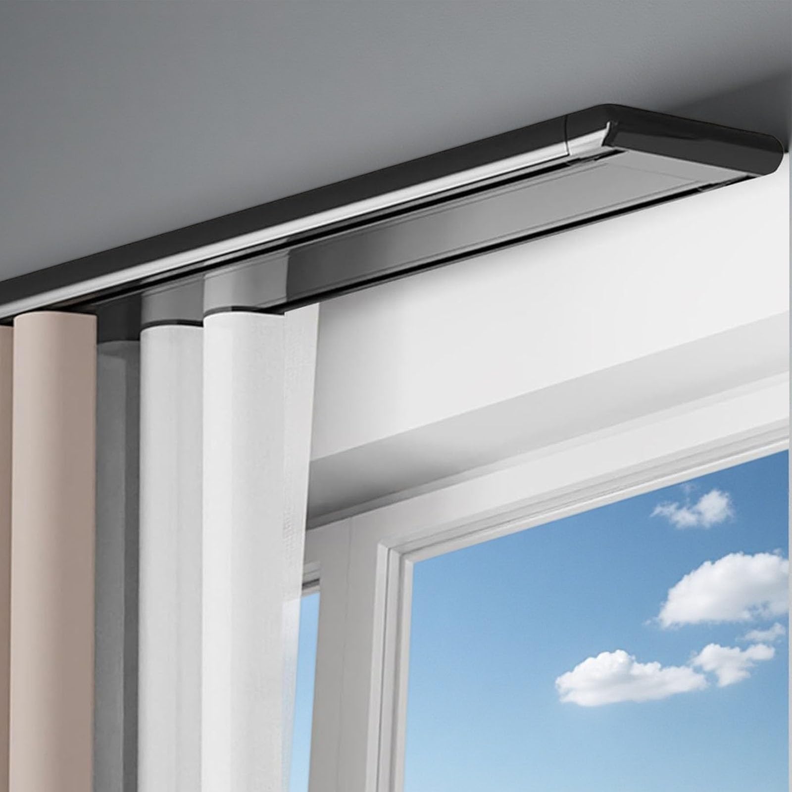 Double Row Ceiling Curtains Track Cuttable Double Row Ceiling Curtain Track Set Modern Black White Grey Aluminum Track Rail for Sheer and Blackout Curtains Hardware Track(Black,5.5m(18ft))