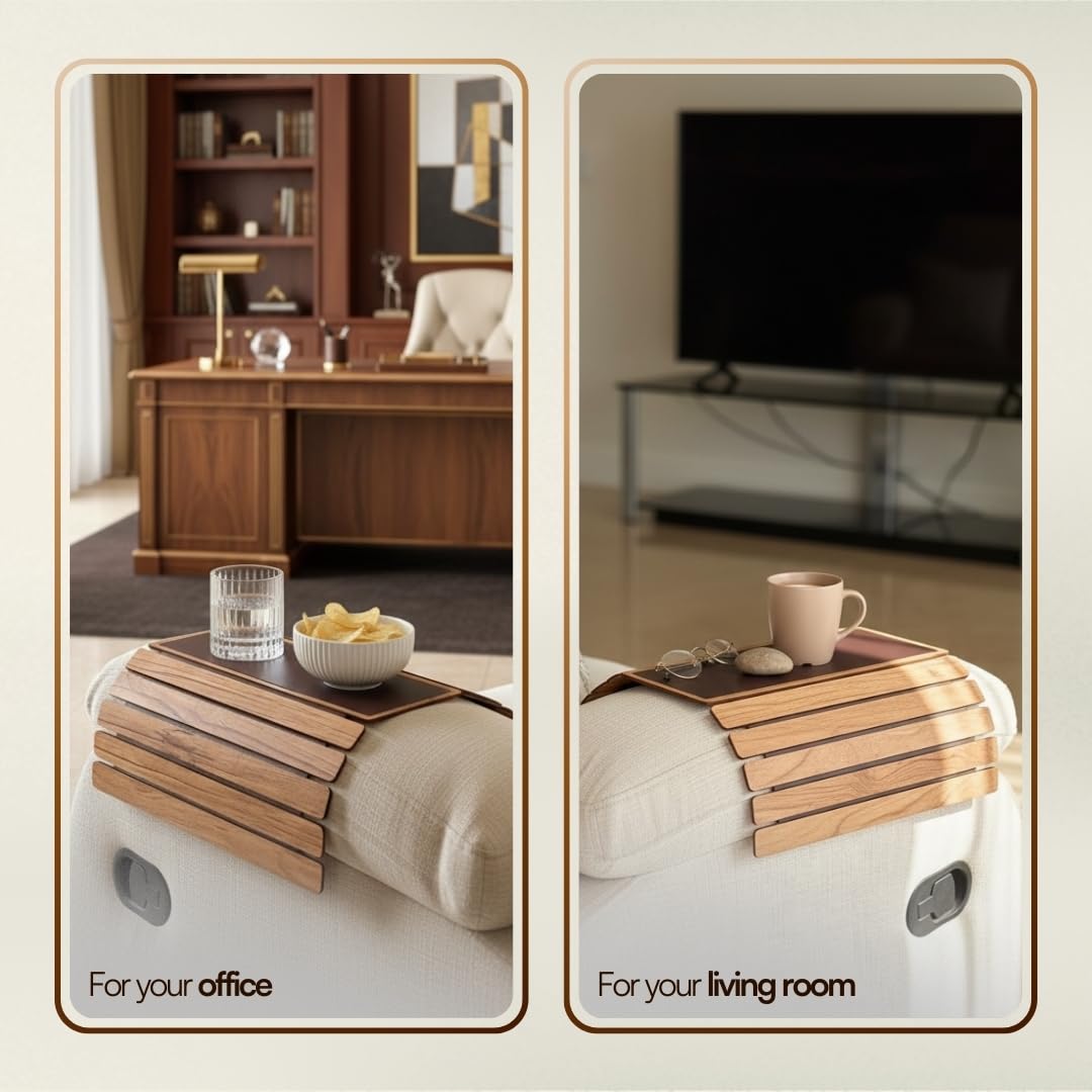 MASON HOME Sofa Rectangular Armrest Tray - Light Brown Full Grain Bamboo Wood with Anti Slip Pad | Dining Tray | Home & Office Décor | Furniture | Serving Platter for Drinks - Appetizer - Snack Bowls 2