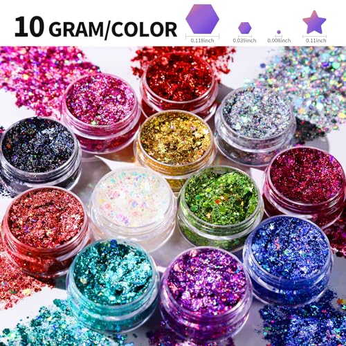 Teenitor Glitter facial corporal glitter maquiagem glitter gel cabelo glitter, 12 cores corpo e rost