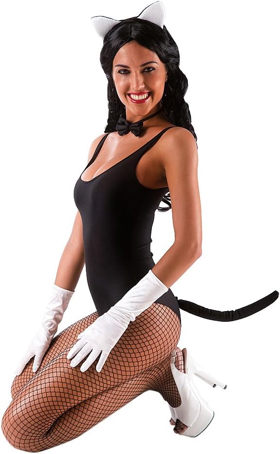 Carnival Toys Set travestimento da gattina composto da cerchietto, coda e  papillon in tessuto nero. Il cerchietto ha due piccole orecchie  triangolari, la coda ha un comodo elastico per indossarla alla cintura,