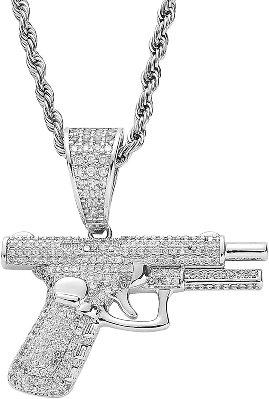 Rrdaily Hip Hop Zircon Pistol Pendant Necklace Stainless Steel Rice Rope Chain Gun Necklace for Men Jewelry Gifts
