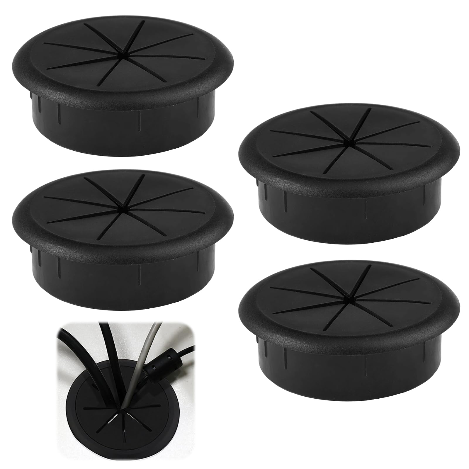 Pack of 4 Silicone Cable Grommets, 60 mm Diameter Plastic Cable Pass Desk, Flexible Feedthroughs, Plastic Cable Pass for Desk, School, Office, Home, Organised Cable (Black)