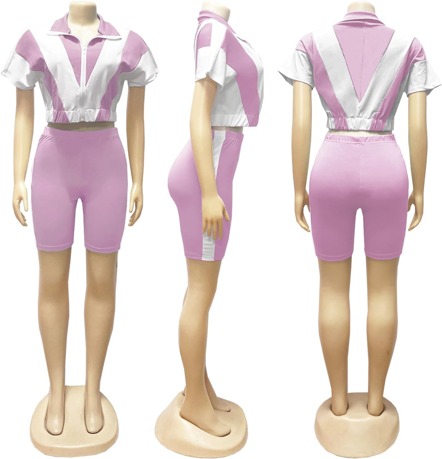 XZLUFNY Women 2 Piece Outfits Color Block Short Sleeve Full Zip Cropped Jacket Bodycon Shorts Set Tracksuit