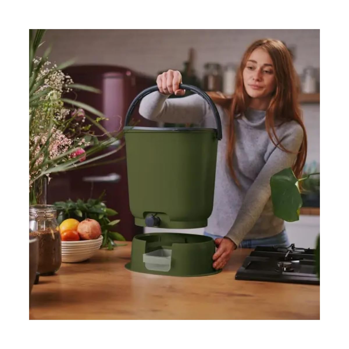 Composteur Bokashi Essential 15,3L +1Kg Brain+Base-Olive
