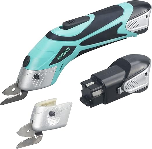 Cordless Electric Scissors for Cutting Fabric, Cardboard, Box Cutter, Carpet. Power Shears for Sewing, Scrapbooking, Crafting (2pc Battery, 2pc Blade - Lower Noise)
