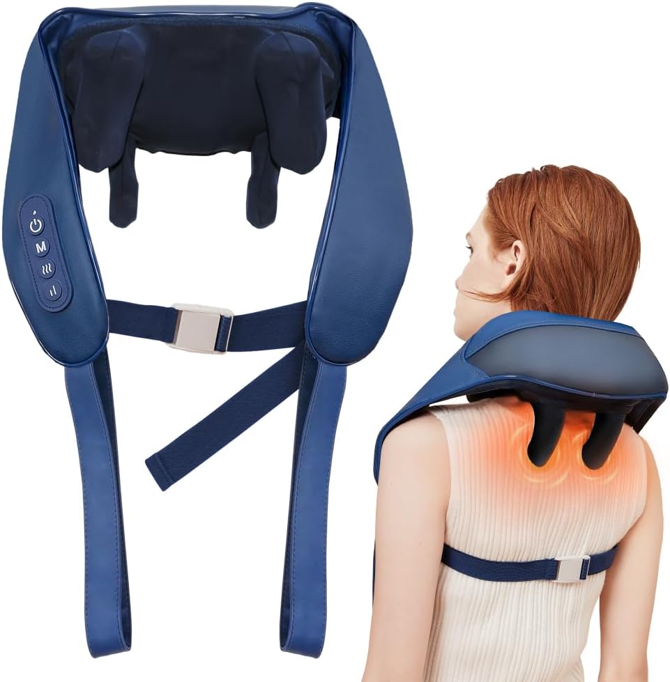Masajeador de cuello y hombros para aliviar el dolor de tejido profundo, masaje de cuello Shiatsu ajustable con calor, diseño manos libres,